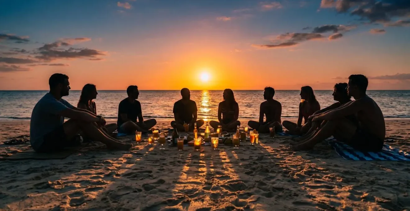 Groupe d'amis partageant un moment convivial au coucher du soleil sur le sable