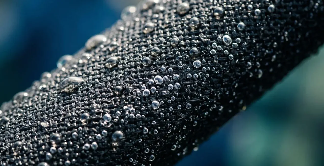 Gros plan sur la texture d'une combinaison néoprène avec gouttelettes d'eau