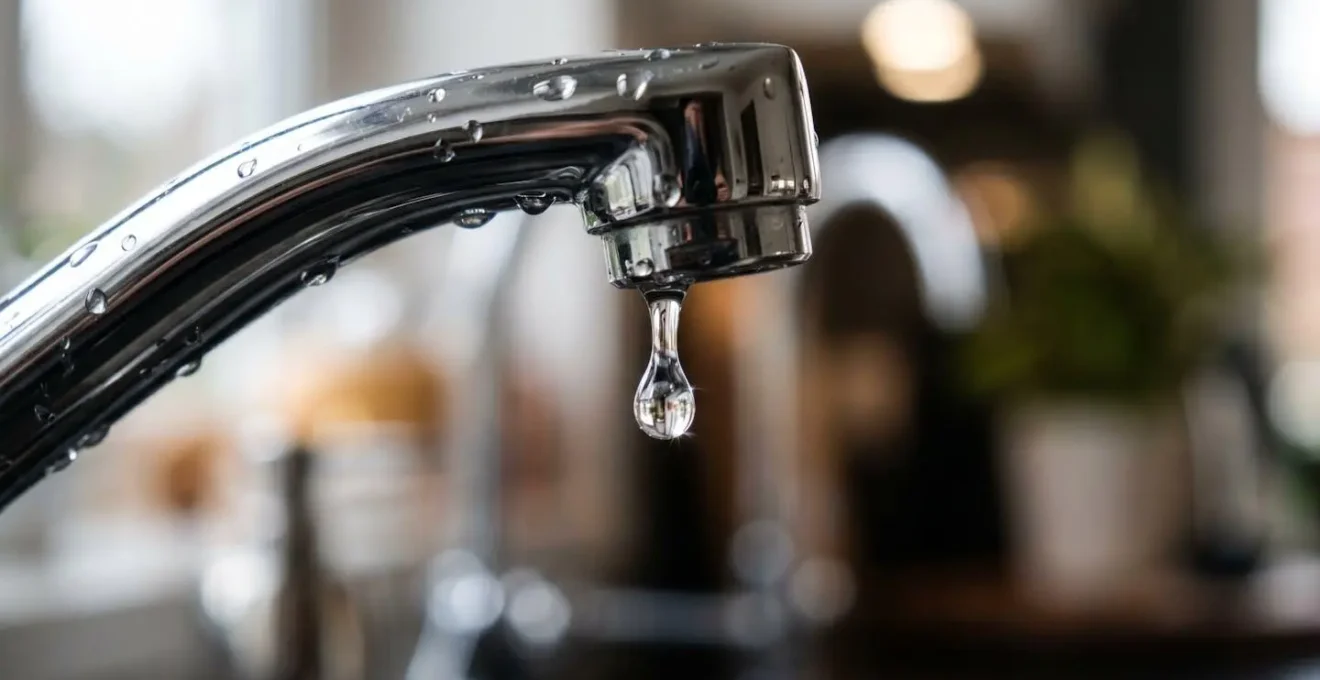 Gros plan macro sur un robinet moderne avec des gouttelettes d'eau cristallines