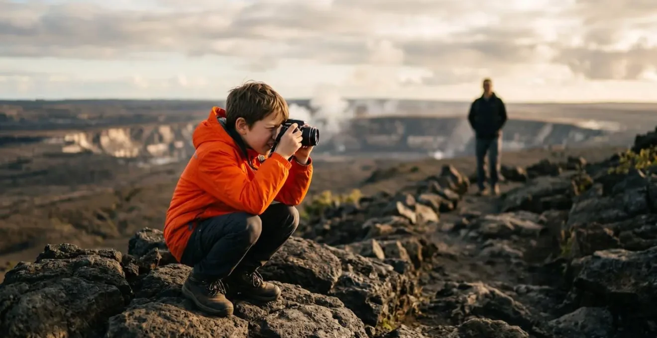 Enfant photographiant le cratère du Piton de la Fournaise depuis une perspective basse