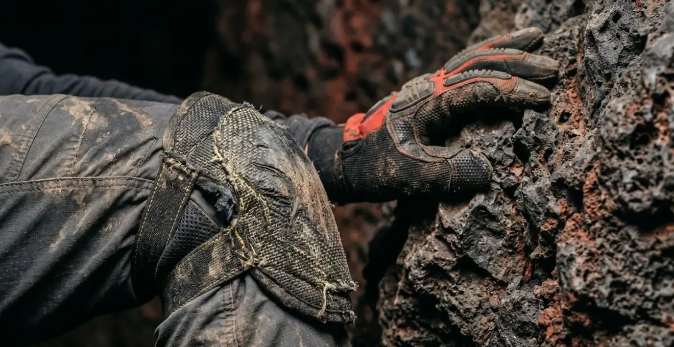 Gros plan sur l'équipement de protection pour l'exploration de tunnels de lave : genouillères, gants et pantalon technique