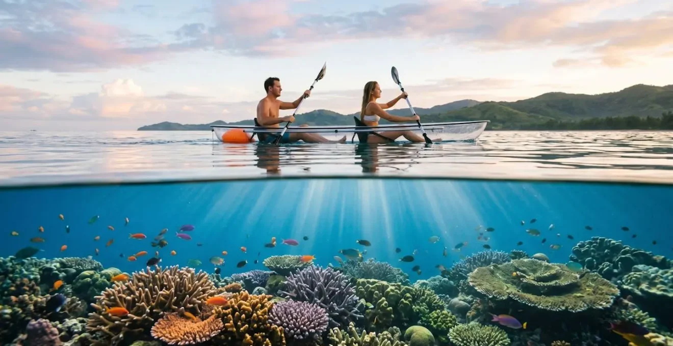 Kayak transparent naviguant à l'étale de haute mer au-dessus de coraux visibles