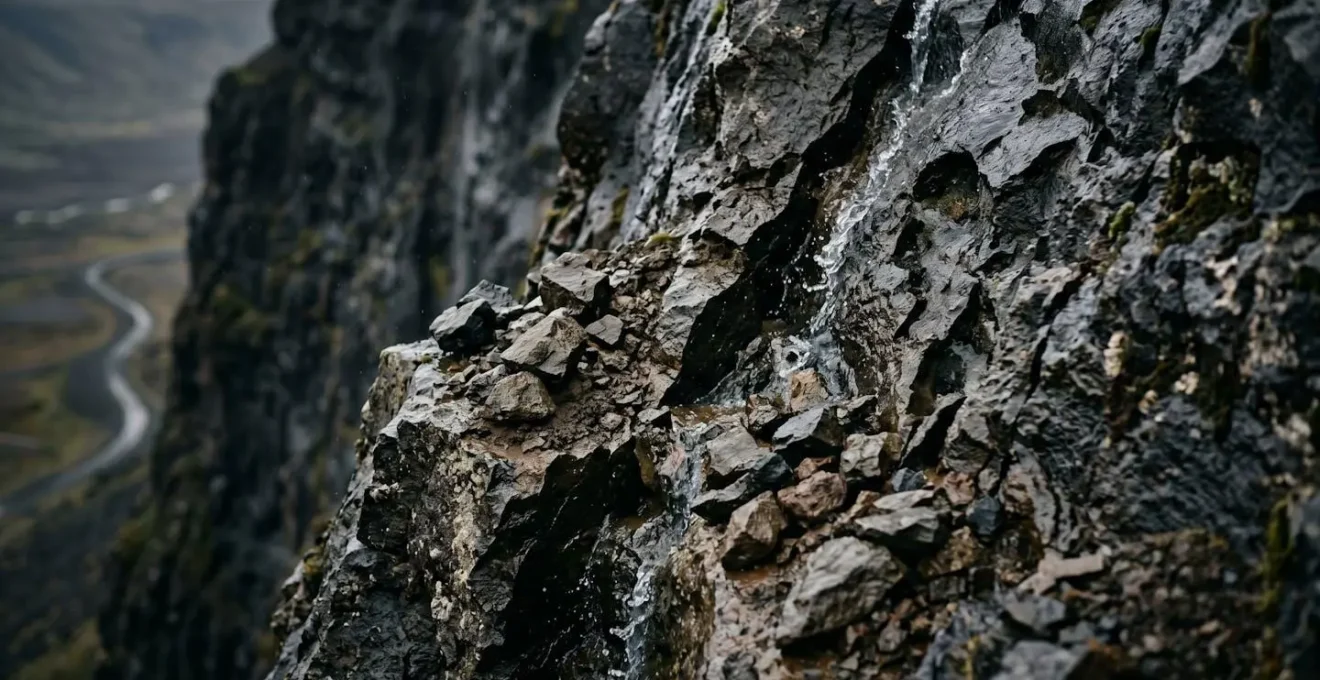 Falaise basaltique instable avec éboulis récents et cascades temporaires sur la Route du Littoral