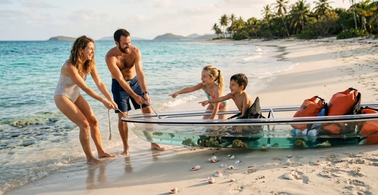 Famille avec enfants débarquant d'un kayak transparent sur une plage pour un pique-nique