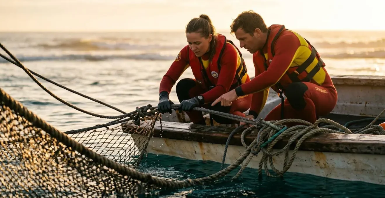 Inspection matinale du filet de protection anti-requins par l'équipe de sécurité