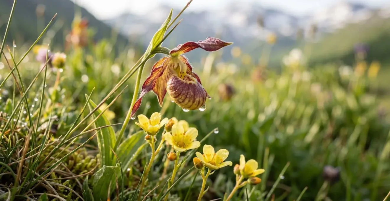 Prairie fleurie avec orchidées sauvages et autres fleurs protégées dans un parc national