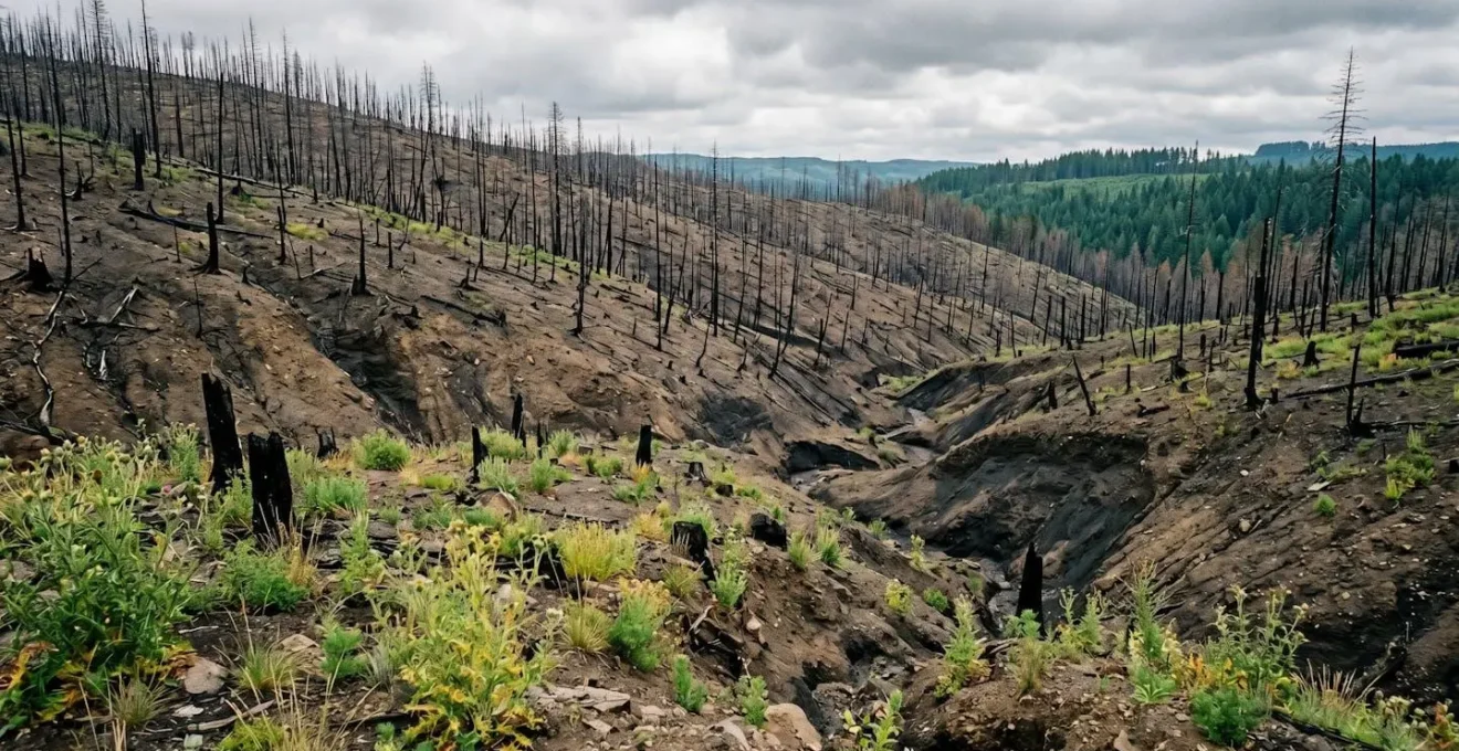 Paysage désolé d'une forêt brûlée avec érosion visible et absence de repousse végétale