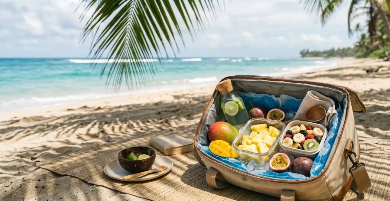 Glacière souple ouverte remplie de fruits tropicaux avec de la glace, posée à l'ombre d'un palmier