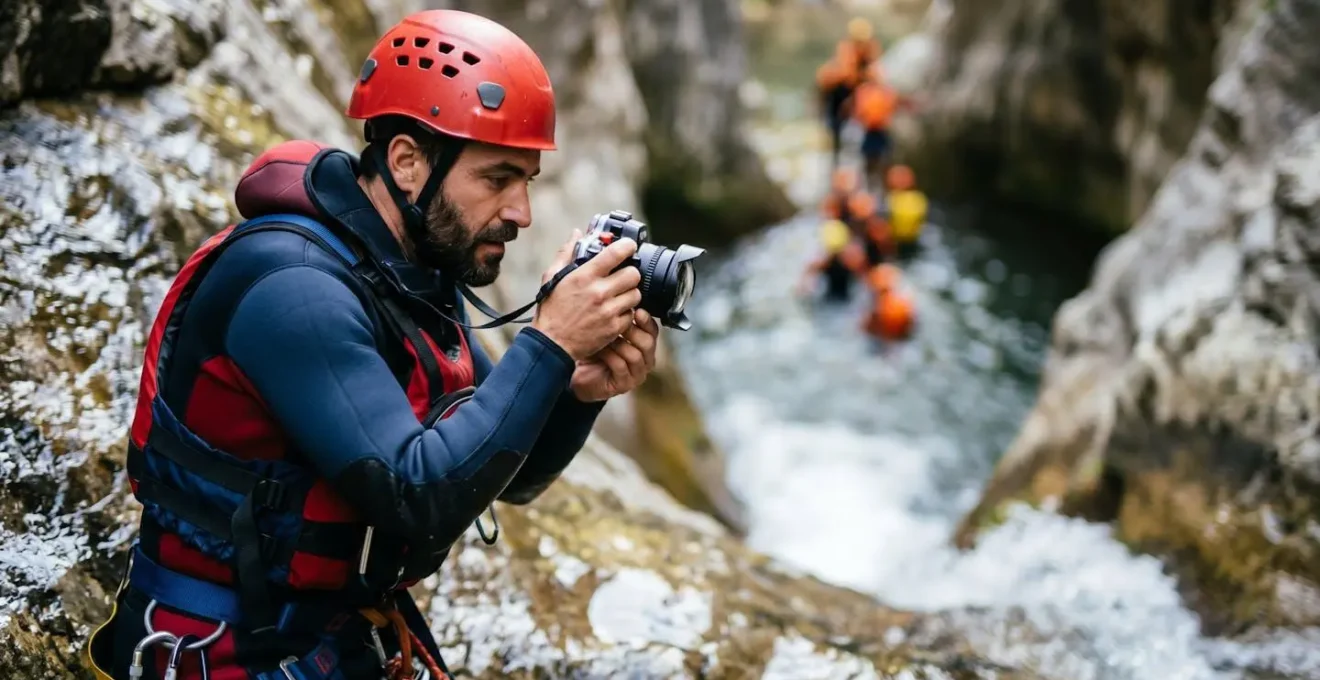 Guide de canyoning photographiant un groupe depuis un point sûr pendant une descente en rappel