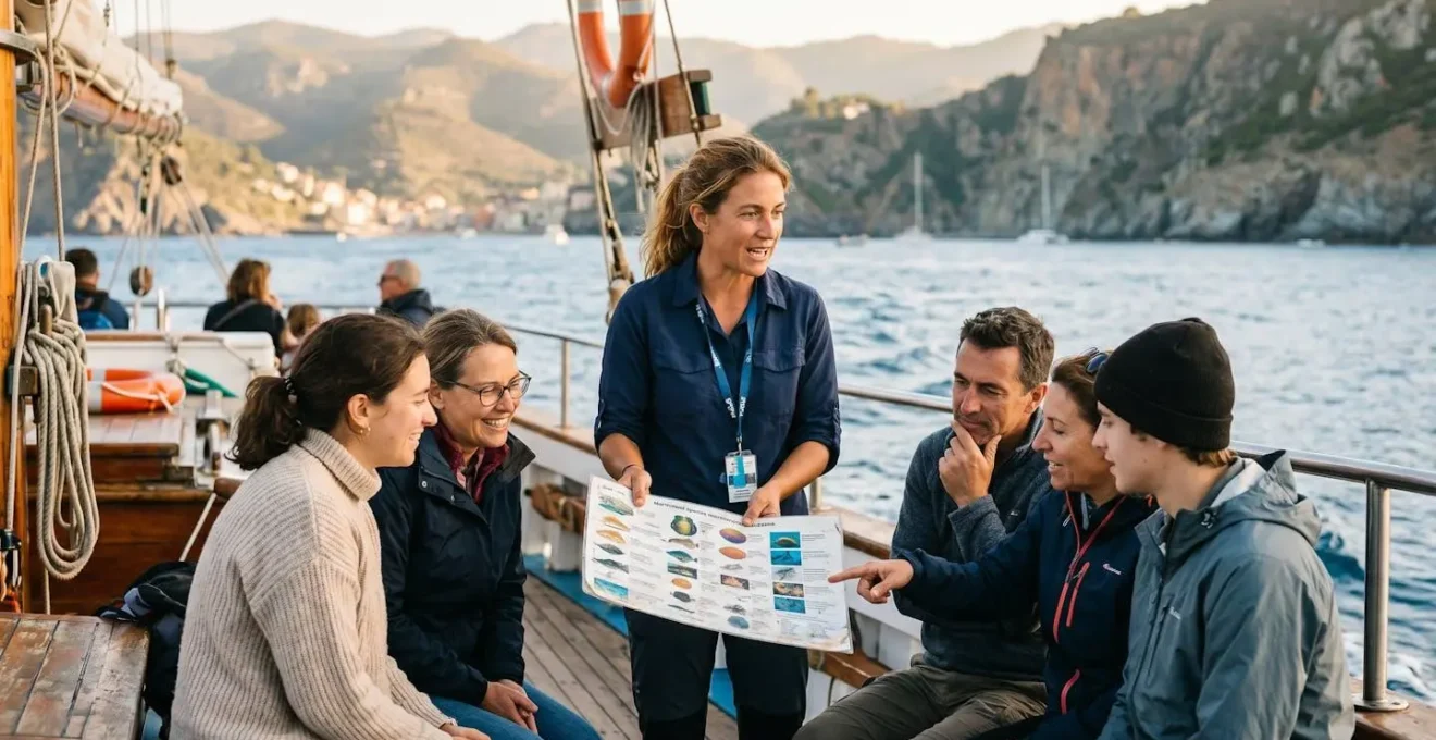 Guide naturaliste montrant une carte des habitats marins à un petit groupe de visiteurs