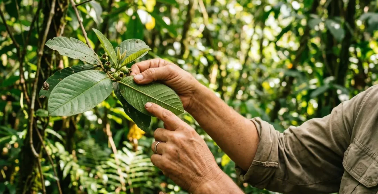 Feuilles de goyavier sauvage montrant les nervures caractéristiques et la texture