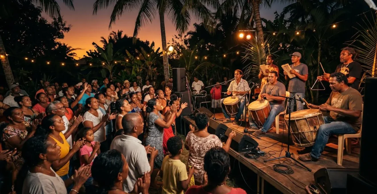 Soirée kabar avec musiciens jouant du roulér et kayamb, public participant activement dans une ambiance chaleureuse