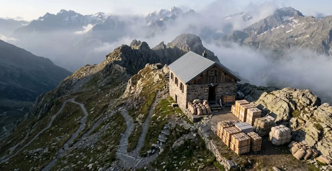 Hélicoptère livrant des provisions à un refuge isolé en montagne