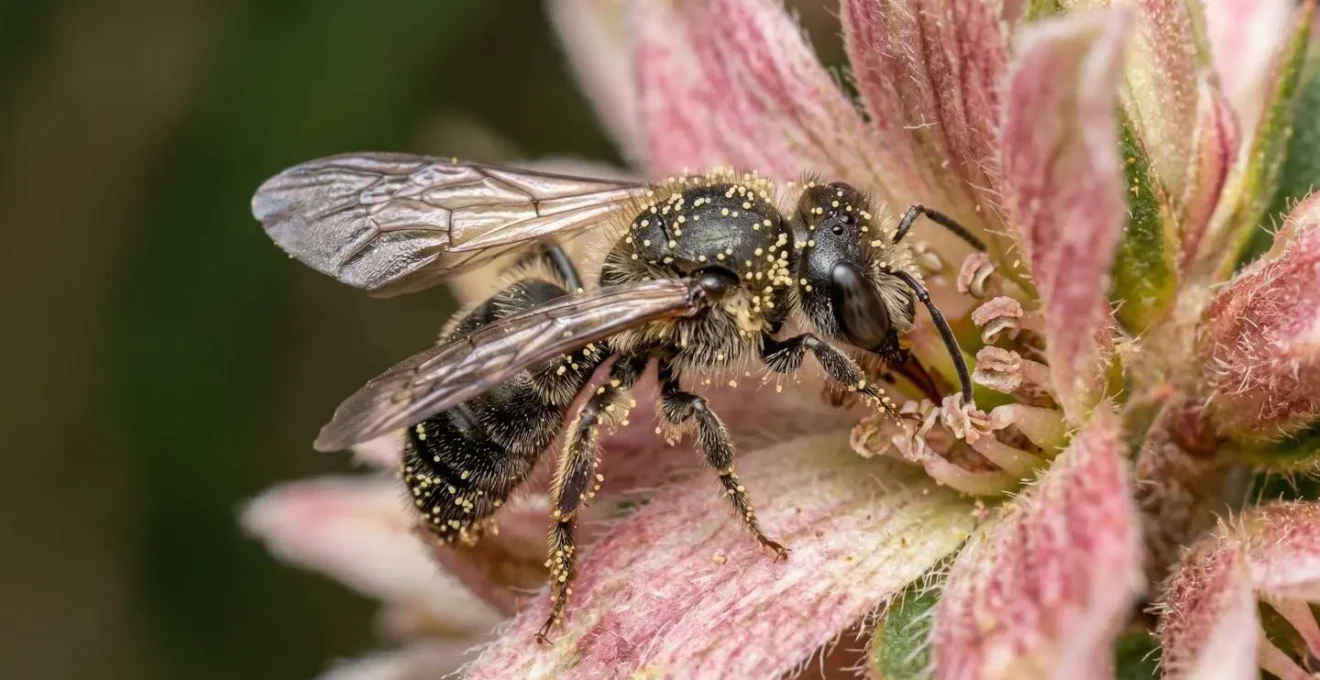 Gros plan macro d'une fleur endémique avec un insecte pollinisateur natif en action