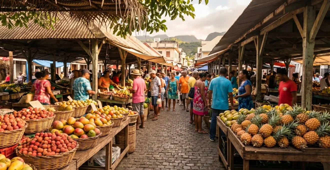 Étals colorés de fruits tropicaux sur un marché forain réunionnais avec vendeurs en arrière-plan flou