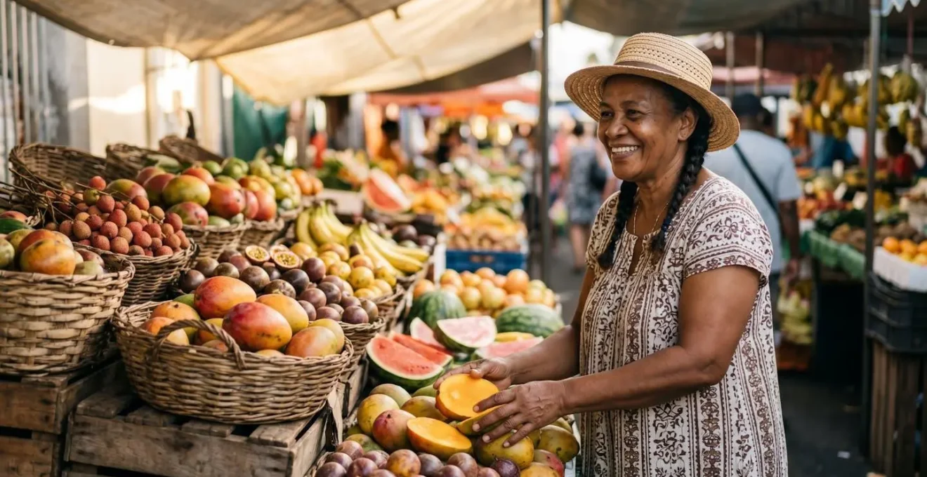 Vue atmosphérique du marché forain de Saint-Paul avec ses étals colorés de fruits tropicaux