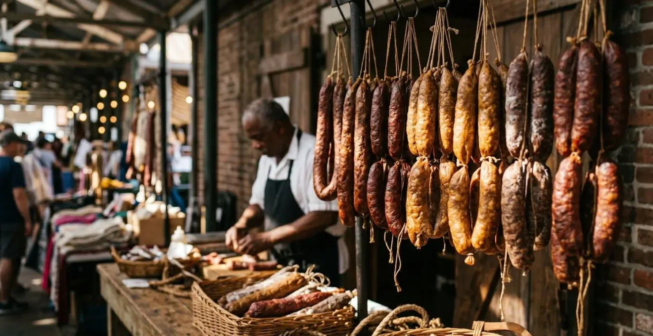 Étal de marché créole avec saucisses fumées suspendues et charcutier en arrière-plan