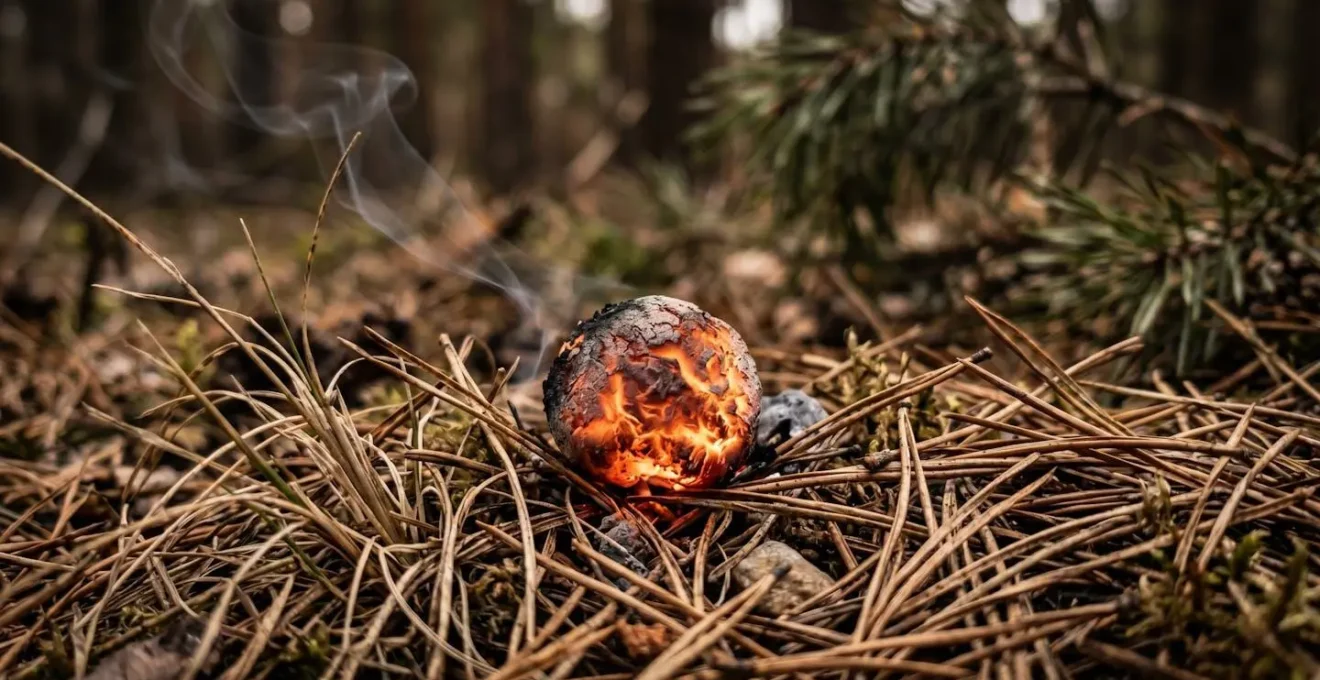 Gros plan macro sur une braise incandescente dans l'herbe sèche avec effet de combustion lente