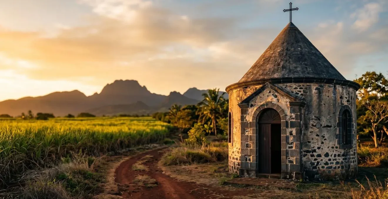 La chapelle Pointue du musée de Villèle au coucher du soleil