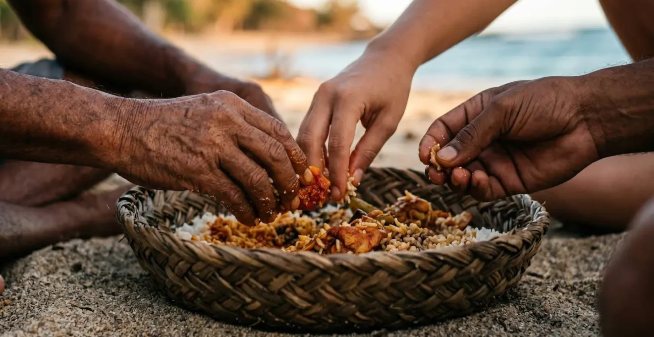 Scène de pique-nique familial multigénérationnel sur la plage illustrant le vivre-ensemble réunionnais