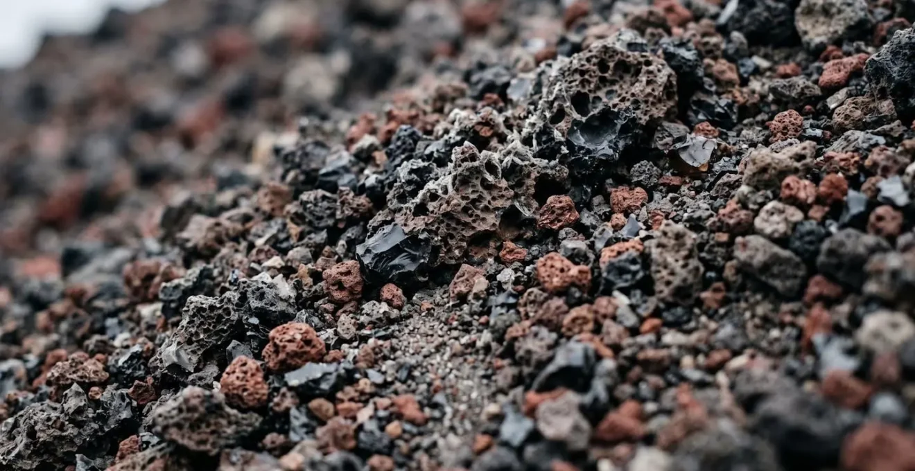 Gros plan macro sur la texture abrasive des scories volcaniques de la Plaine des Sables