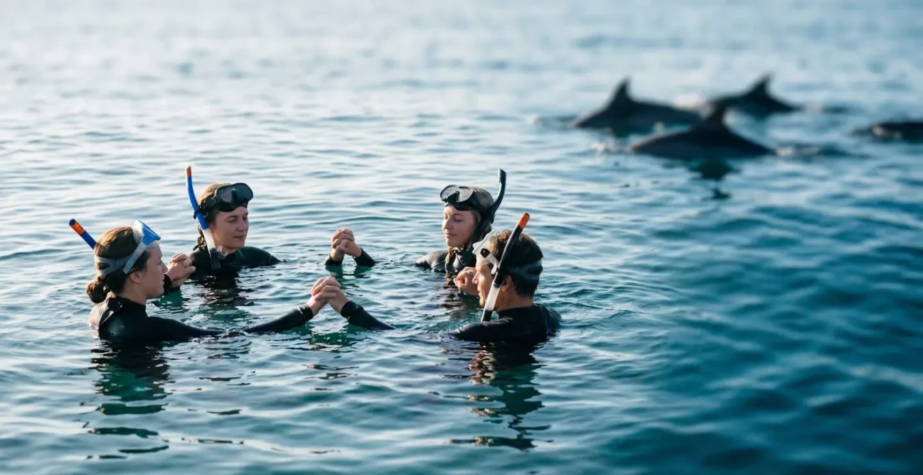 Groupe de nageurs formant un radeau humain statique en surface, observant passivement des dauphins qui passent au loin