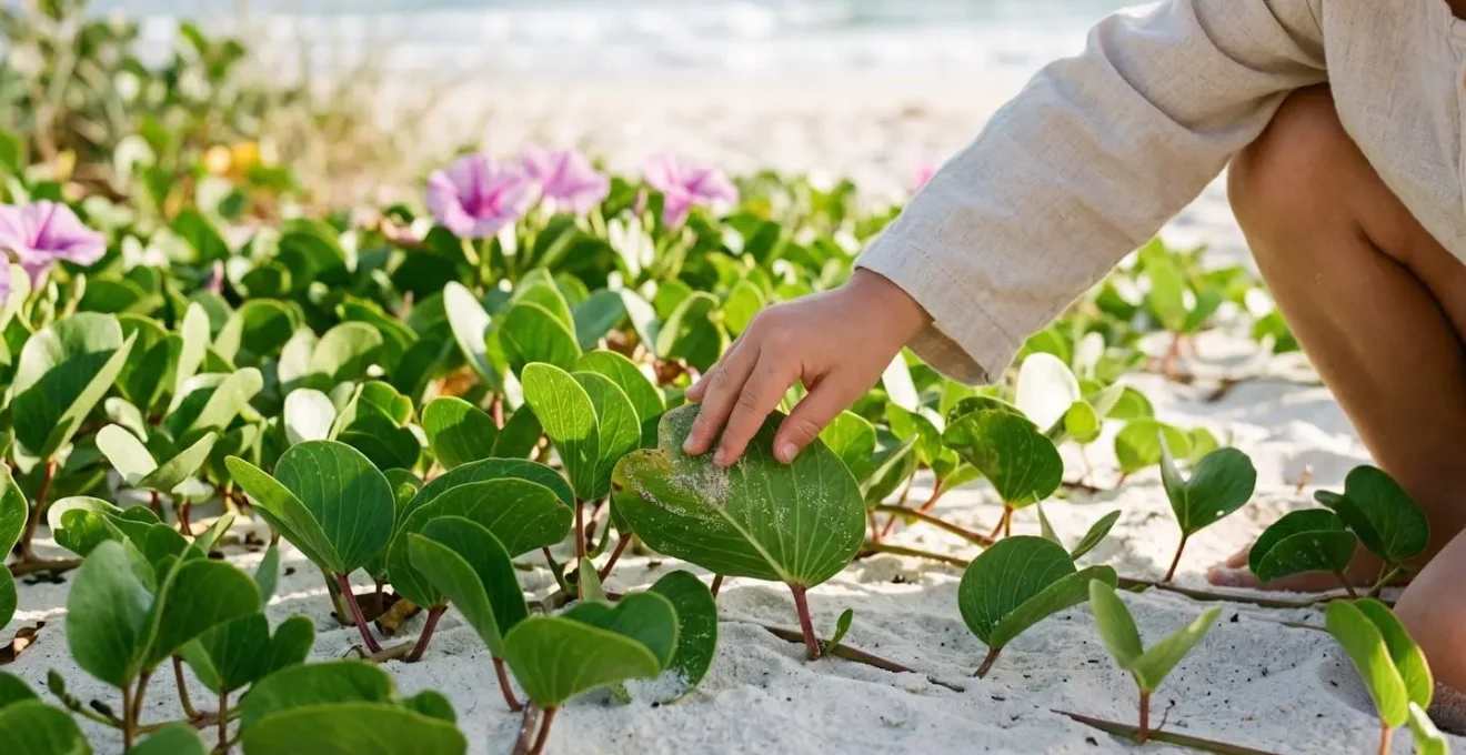 Gros plan sur les lianes rampantes des patates à Durand avec leurs feuilles caractéristiques sur le sable blanc