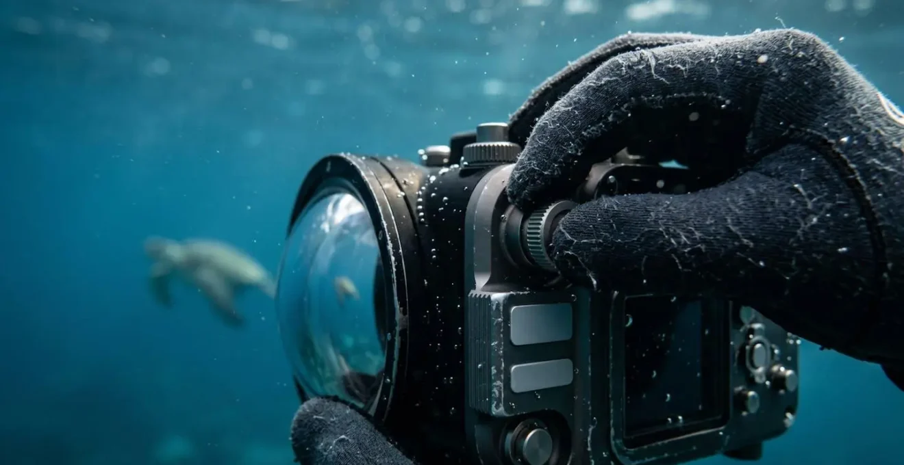 Gros plan macro sur les mains d'un photographe sous-marin ajustant délicatement son appareil, avec un reflet de tortue marine visible dans l'objectif
