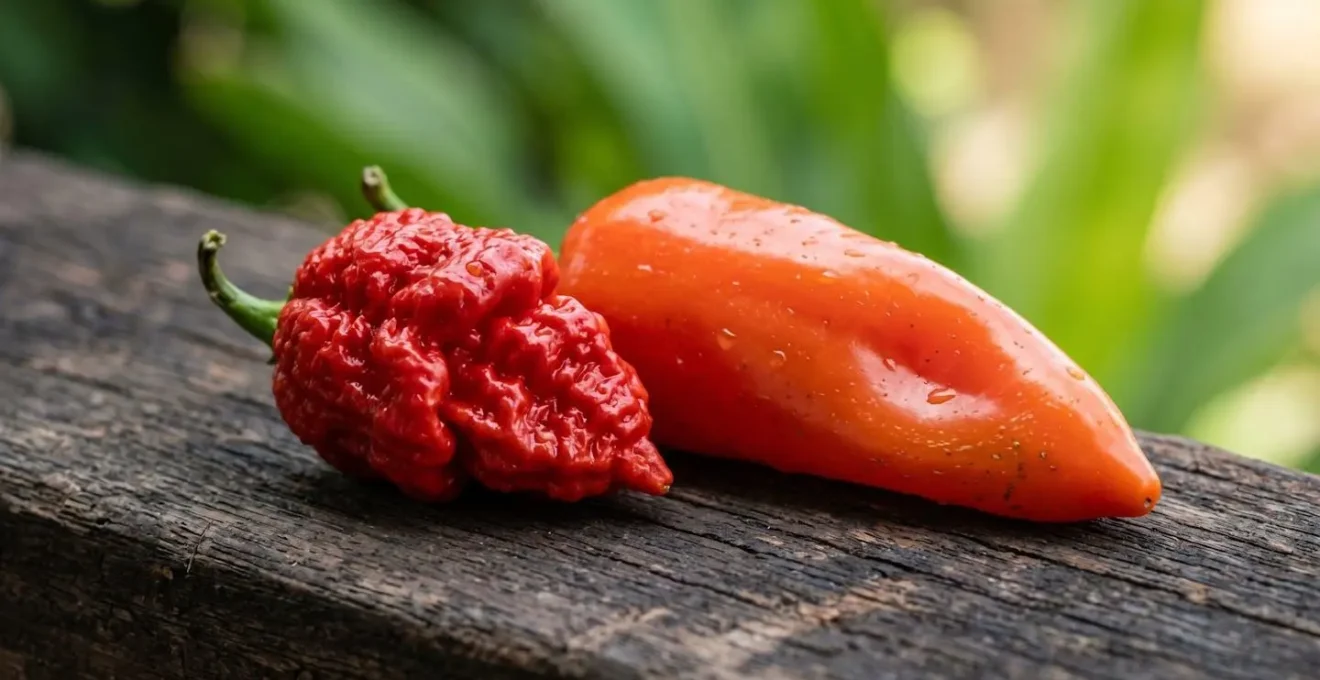 Gros plan macro sur piments martin et cabri de La Réunion avec leurs textures distinctes