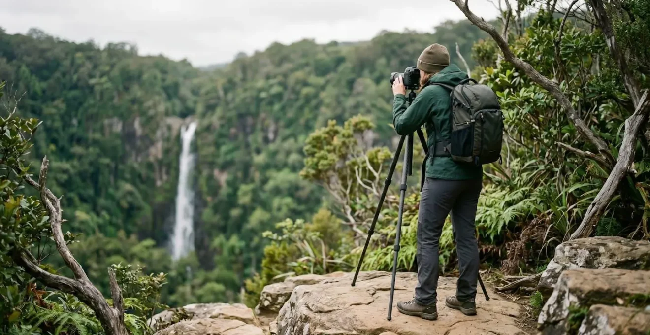 Photographe positionné en sécurité sur un promontoire rocheux avec vue dégagée sur la cascade