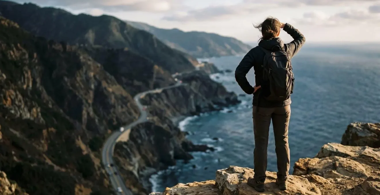 Vue plongeante depuis le sentier du Colorado sur la Route du Littoral et les falaises basaltiques