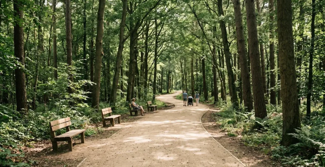 Chemin forestier large et plat avec bancs en bois sous canopée ombragée
