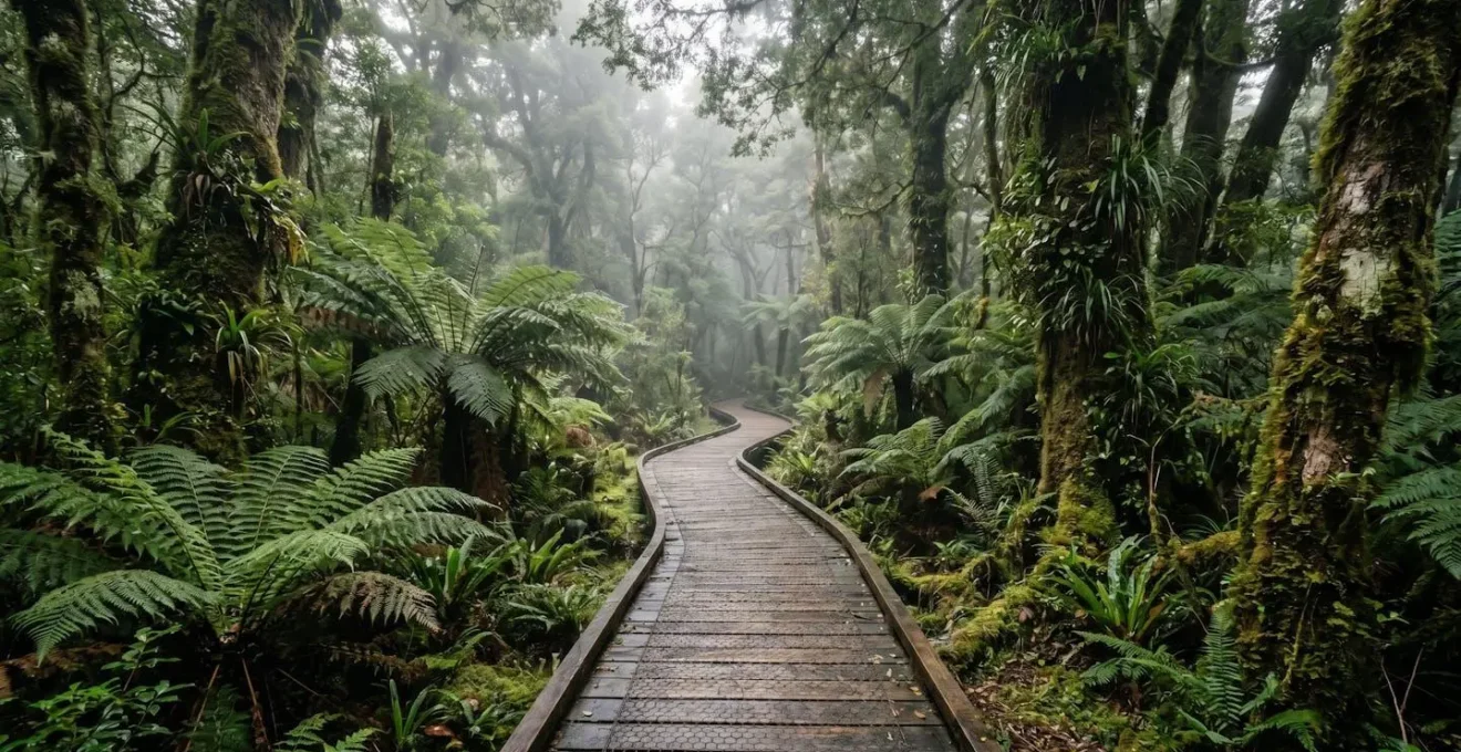 Sentier ombragé traversant une forêt tropicale luxuriante avec fougères arborescentes