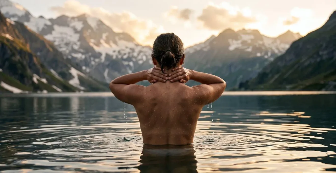 Personne entrant progressivement dans l'eau en mouillant d'abord sa nuque