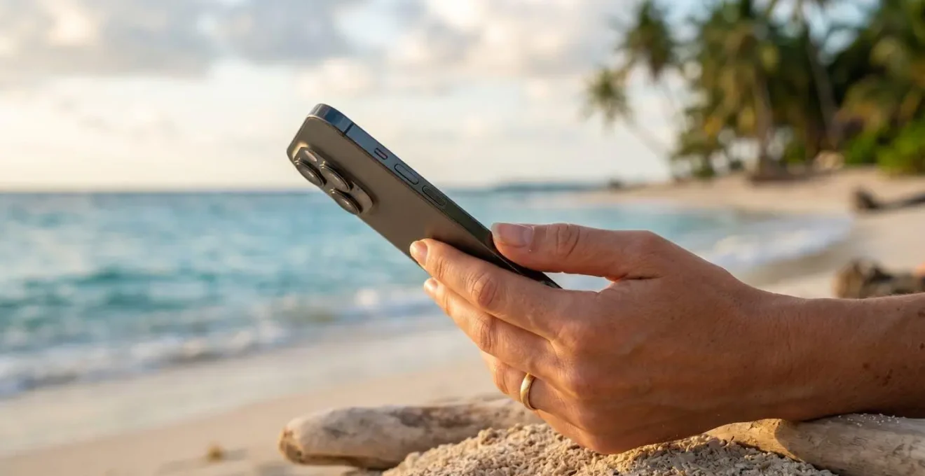Main tenant un smartphone montrant un signal réseau complet, avec une plage tropicale et des palmiers flous en arrière-plan