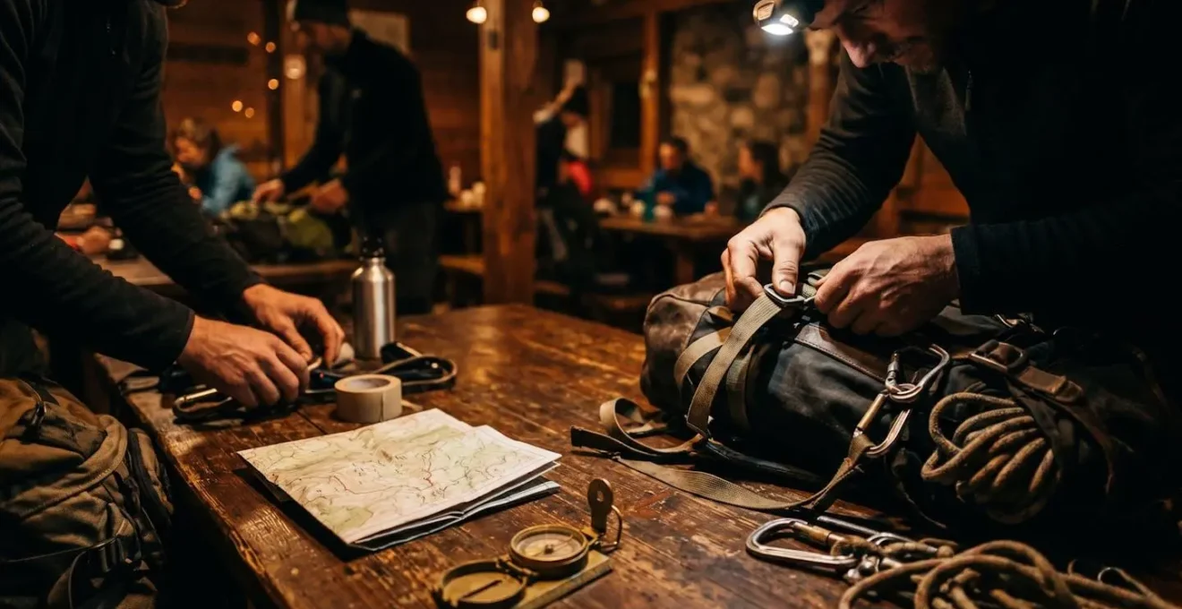 Randonneurs préparant leur matériel à la lueur des lampes frontales dans un refuge de montagne