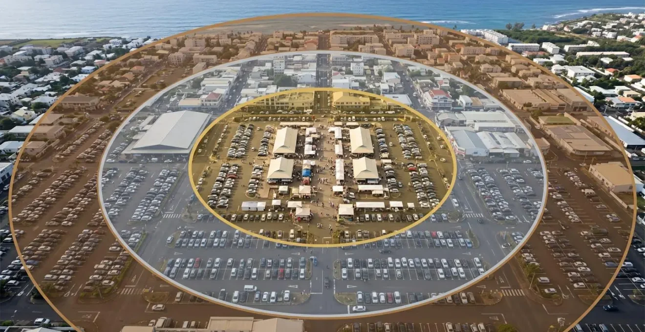 Vue aérienne montrant les zones de stationnement autour du marché en cercles concentriques colorés