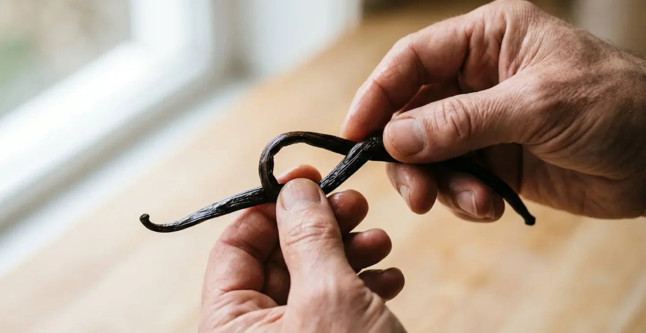 Mains expertes réalisant le test du nœud sur une gousse de vanille souple et grasse