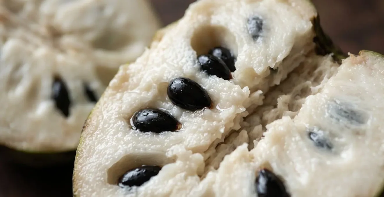 Gros plan sur la chair crémeuse d'une zatte ouverte révélant sa texture granuleuse sucrée