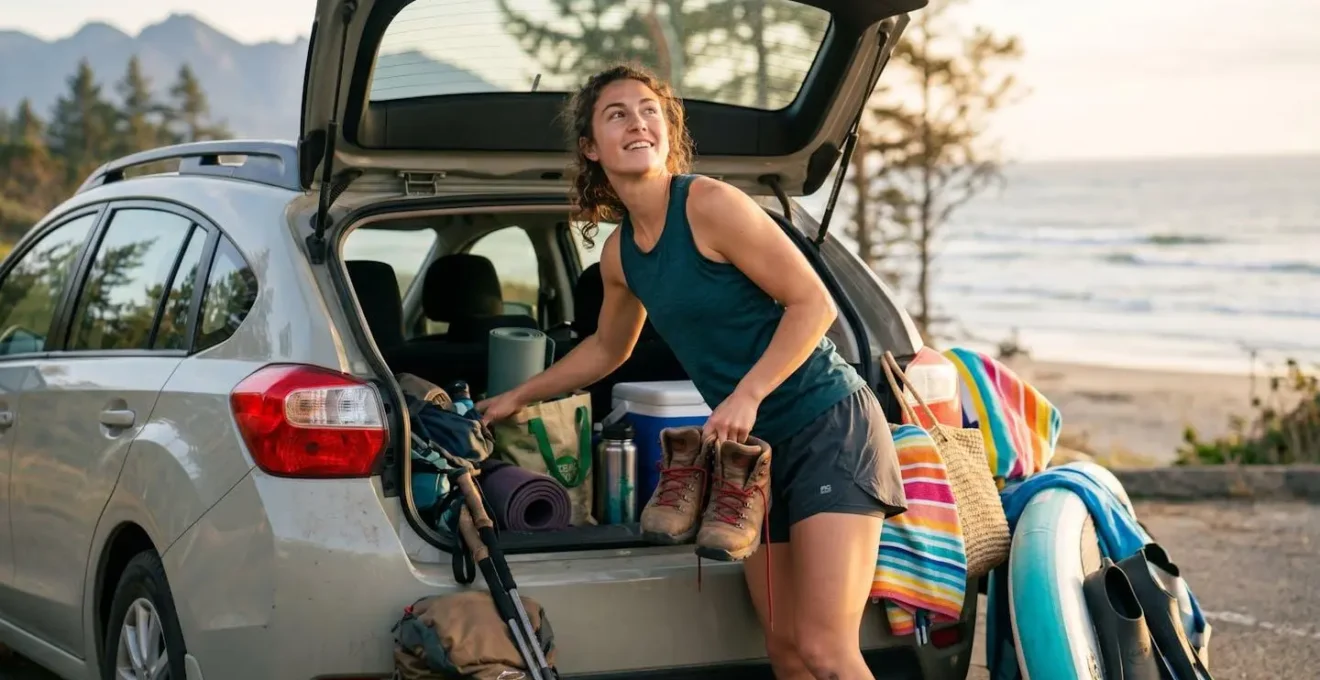 Sportif en tenue légère changeant d'équipement près d'une voiture avec vue montagne et océan