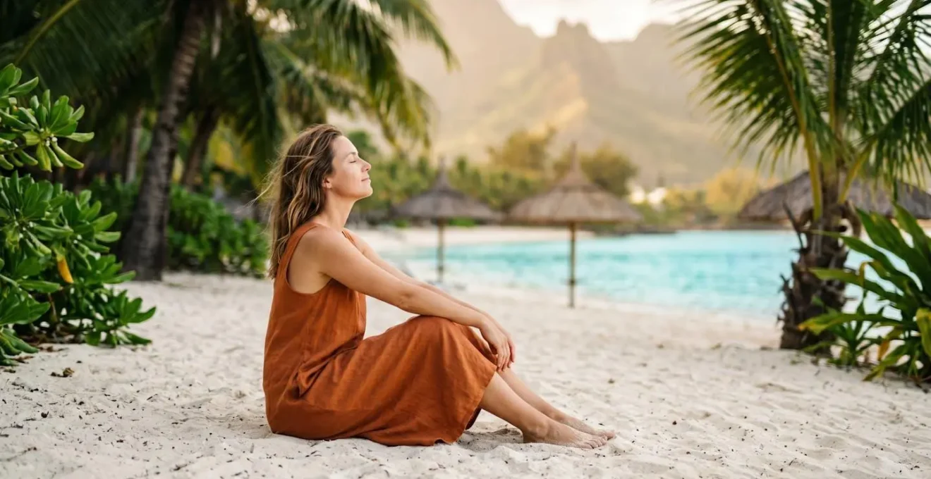 Voyageur profitant de sa dernière journée à la plage de l'Hermitage sans bagages