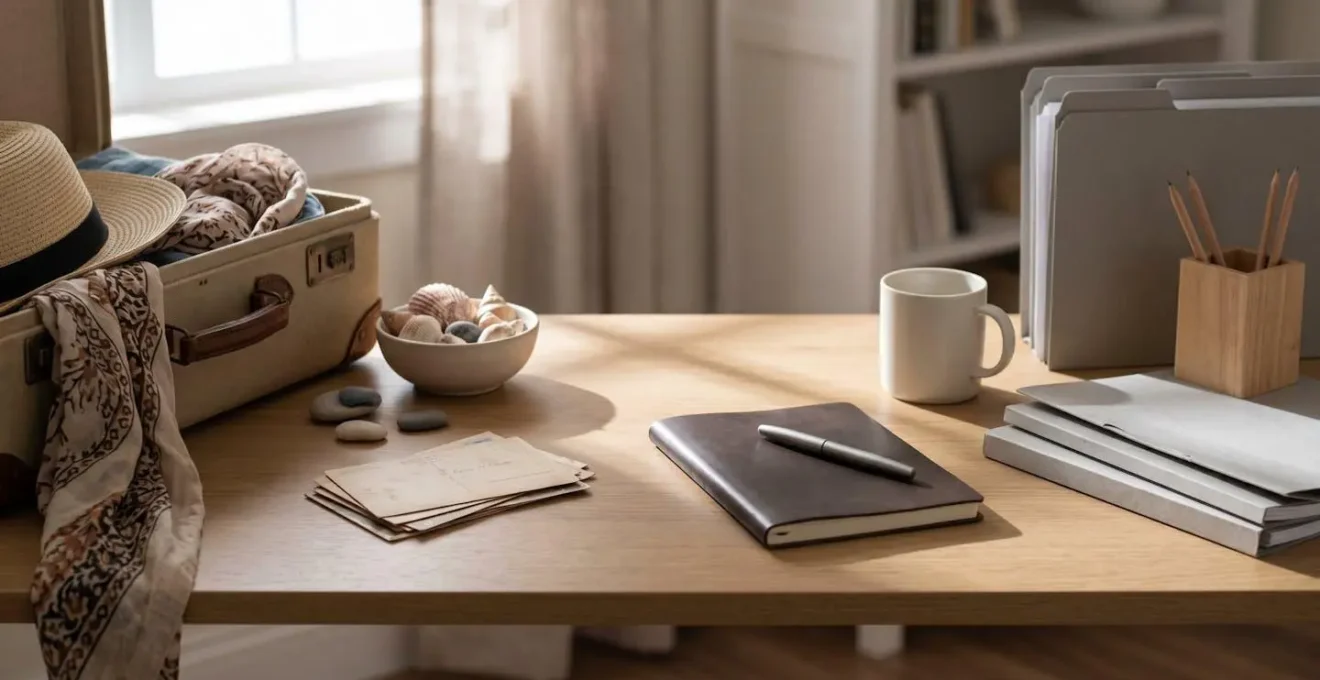 Espace de travail minimaliste avec valise et souvenirs de voyage
