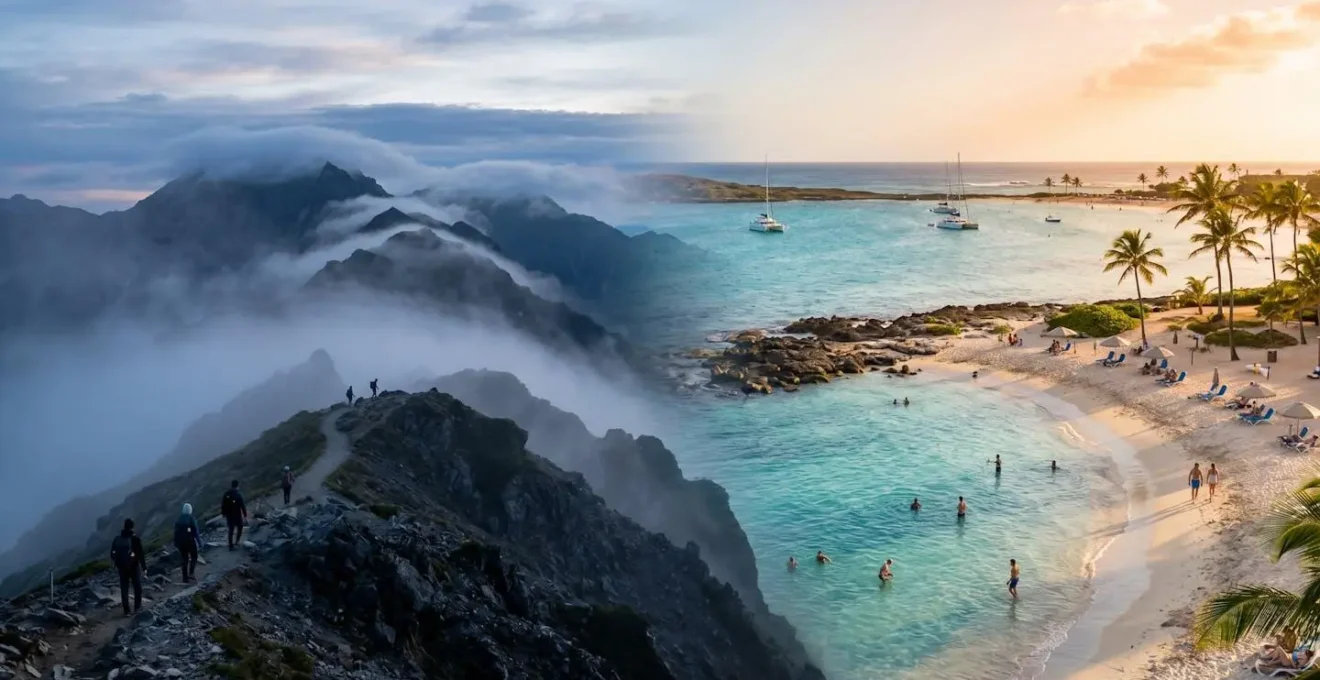 Vue divisée montrant le contraste saisissant entre les hauts brumeux du Maïdo le matin et les plages ensoleillées de l'ouest l'après-midi