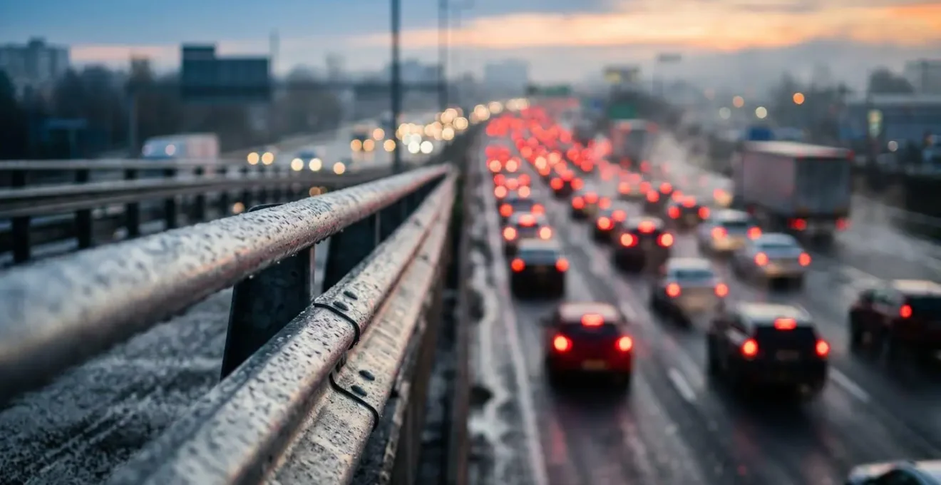 Vue aérienne de l'embouteillage matinal à l'échangeur de l'Étang-Salé montrant les flux de circulation